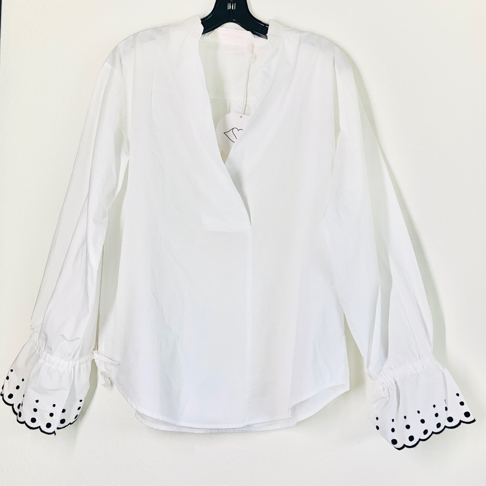 See by Chloe V Neck Polka Dot Balloon Ruffle Eyelet Sleeve Blouse - Picture 4 of 8